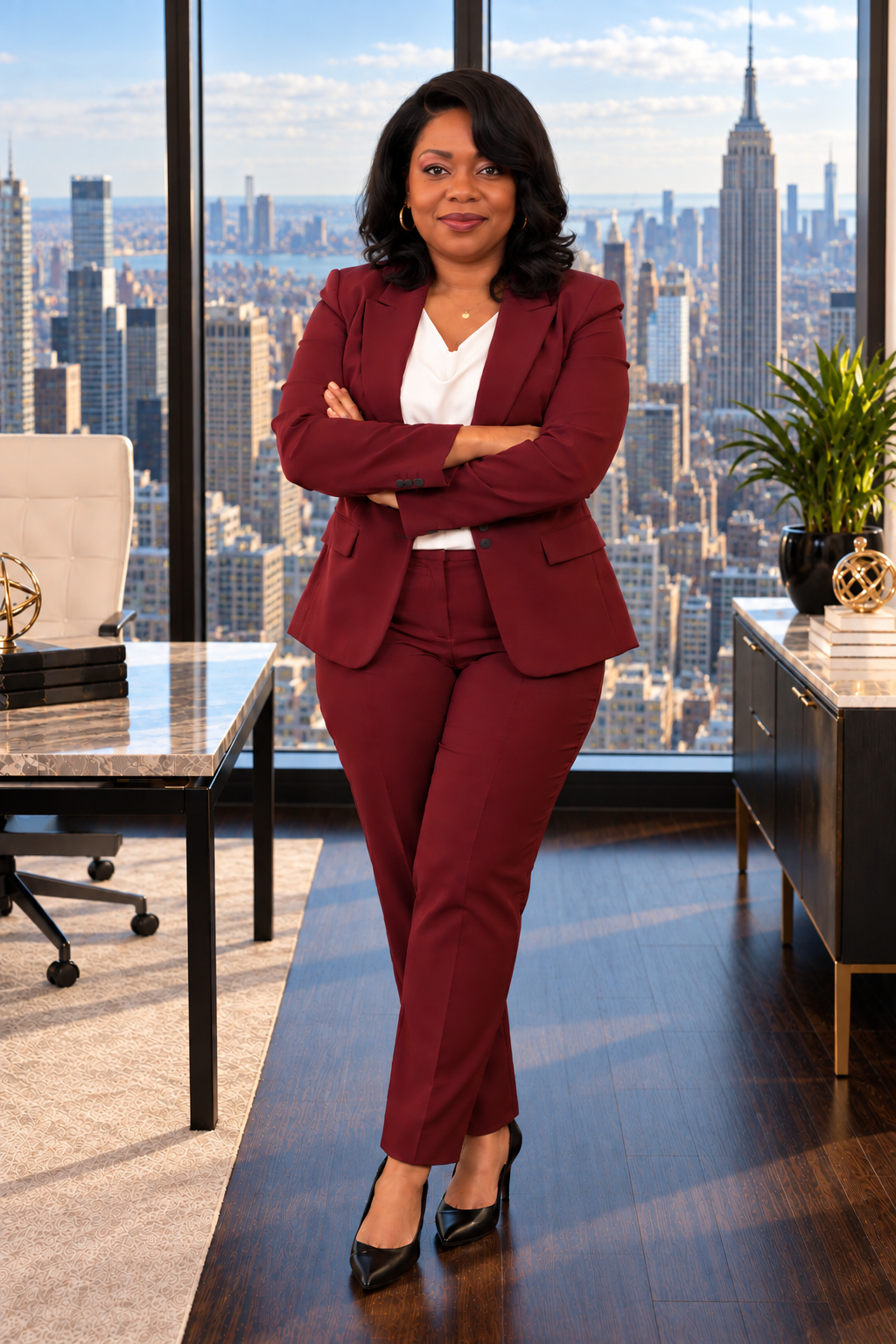 Intisar in a burgundy suit in a New York office