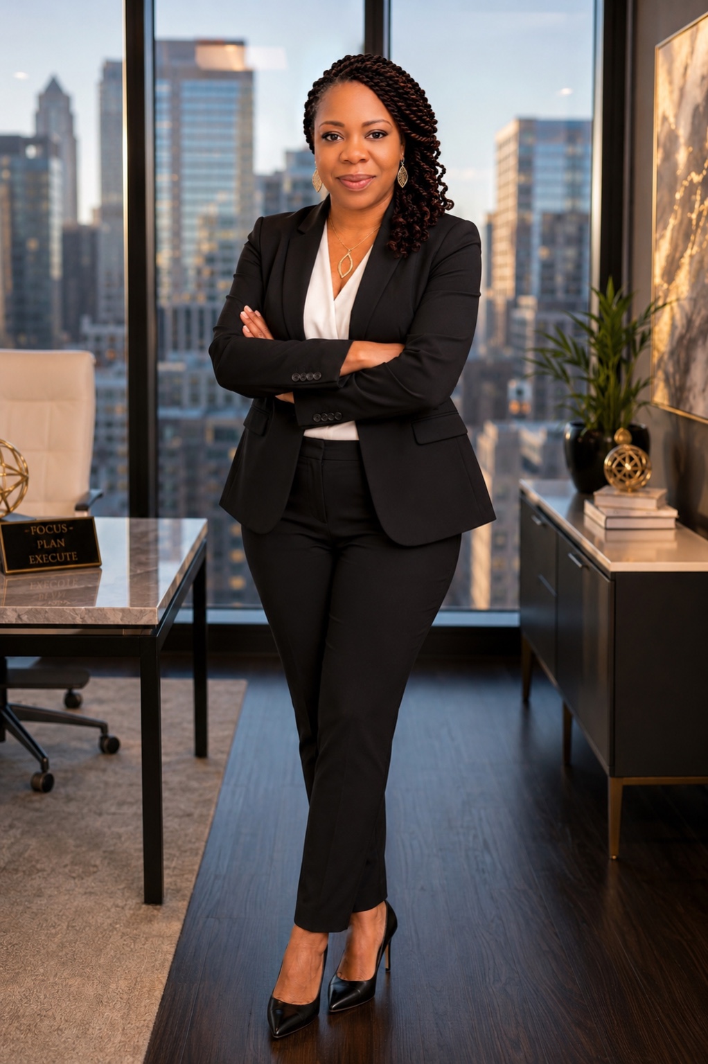 Intisar in a black suit in her office