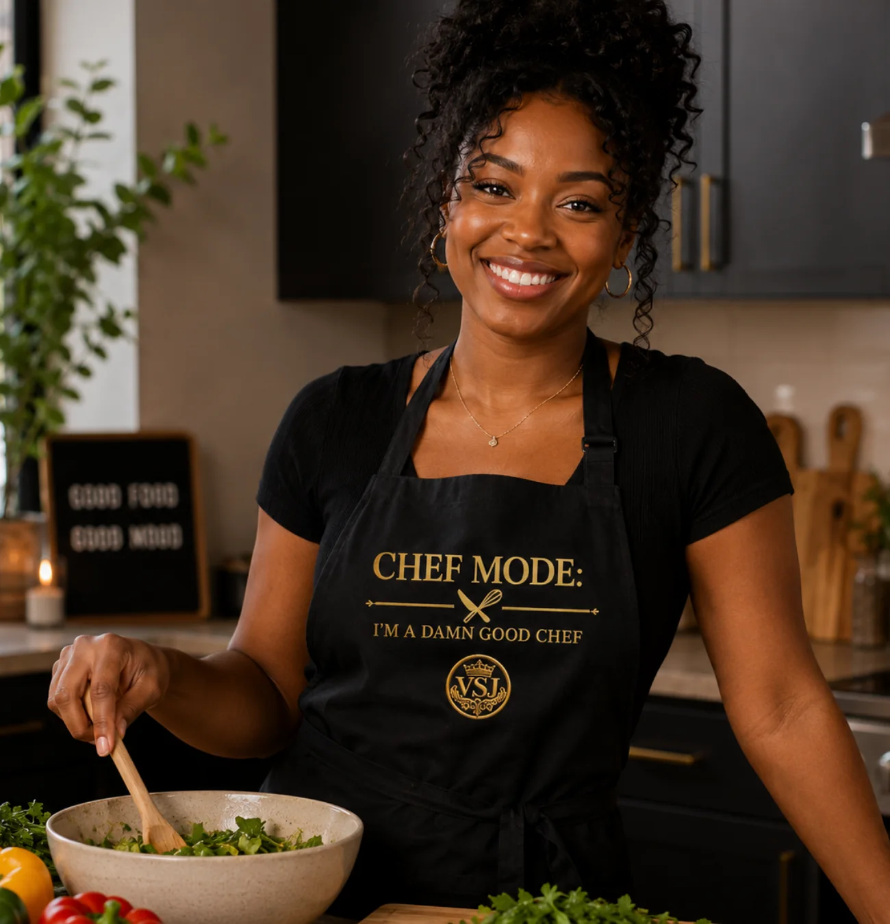 Woman wearing VSJ chef apron