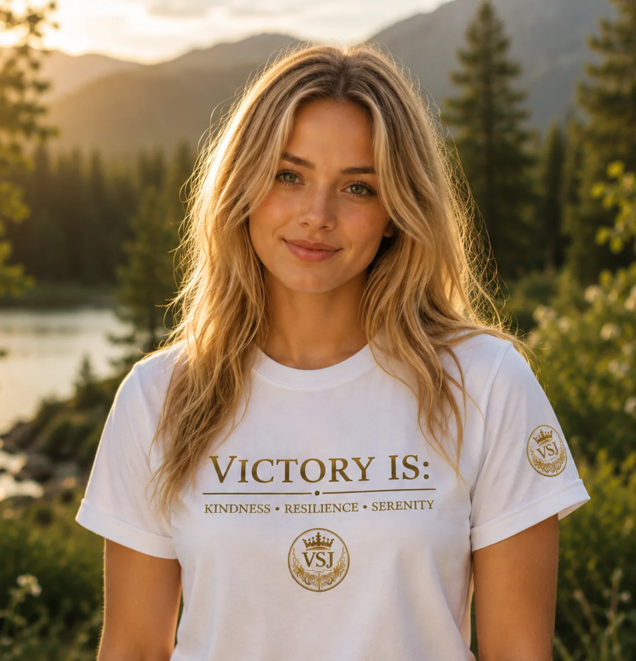 Woman wearing white Victory Is peace shirt