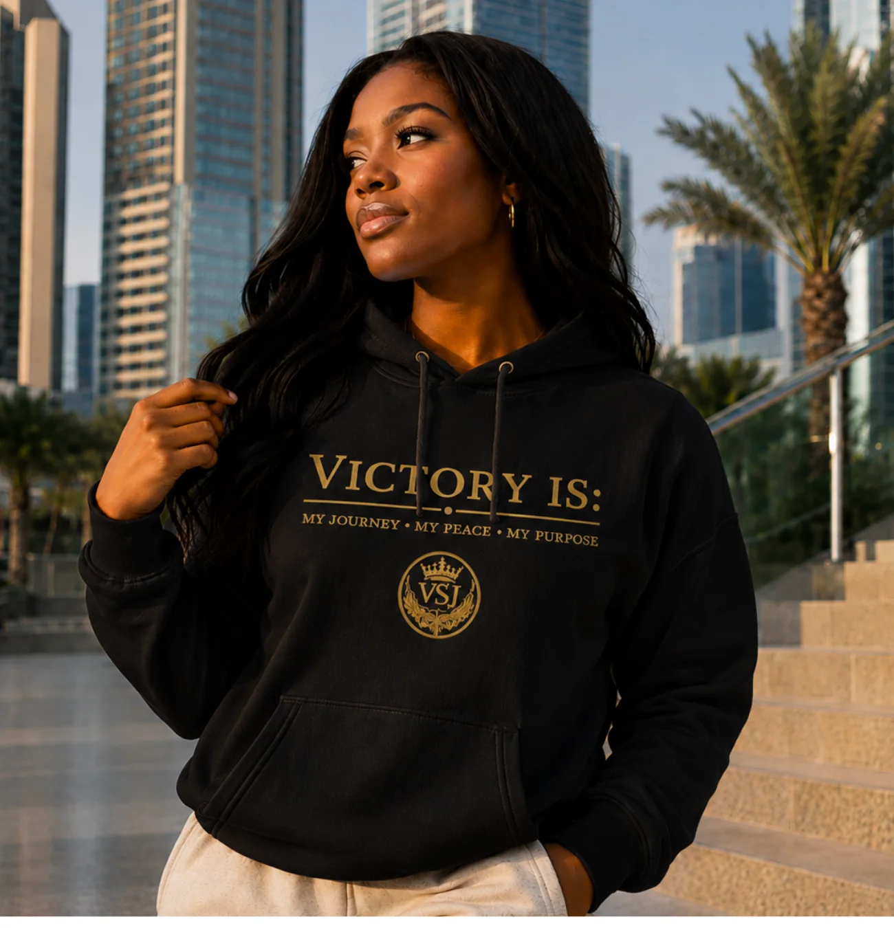 Woman wearing black Victory Is hoodie
