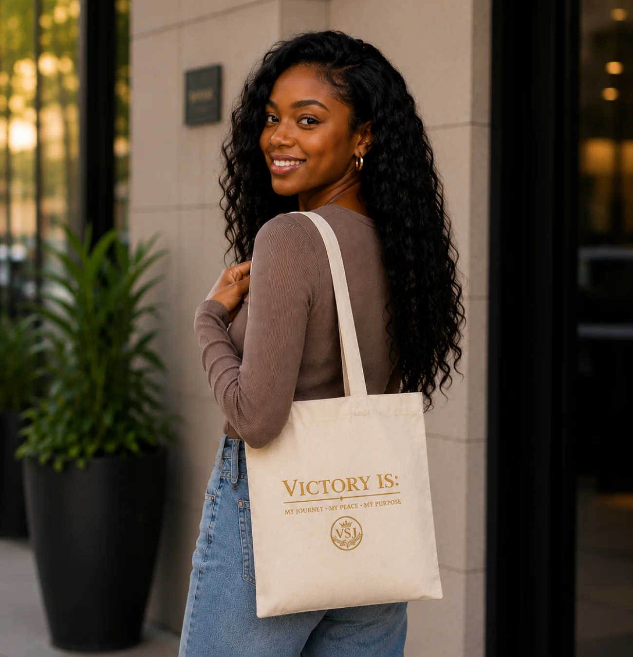 Woman carrying cream Victory Is tote bag