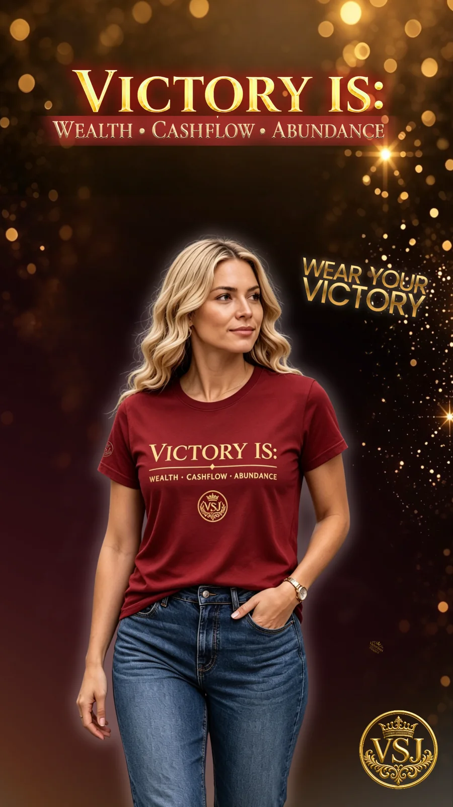Woman wearing burgundy Victory Is wealth shirt