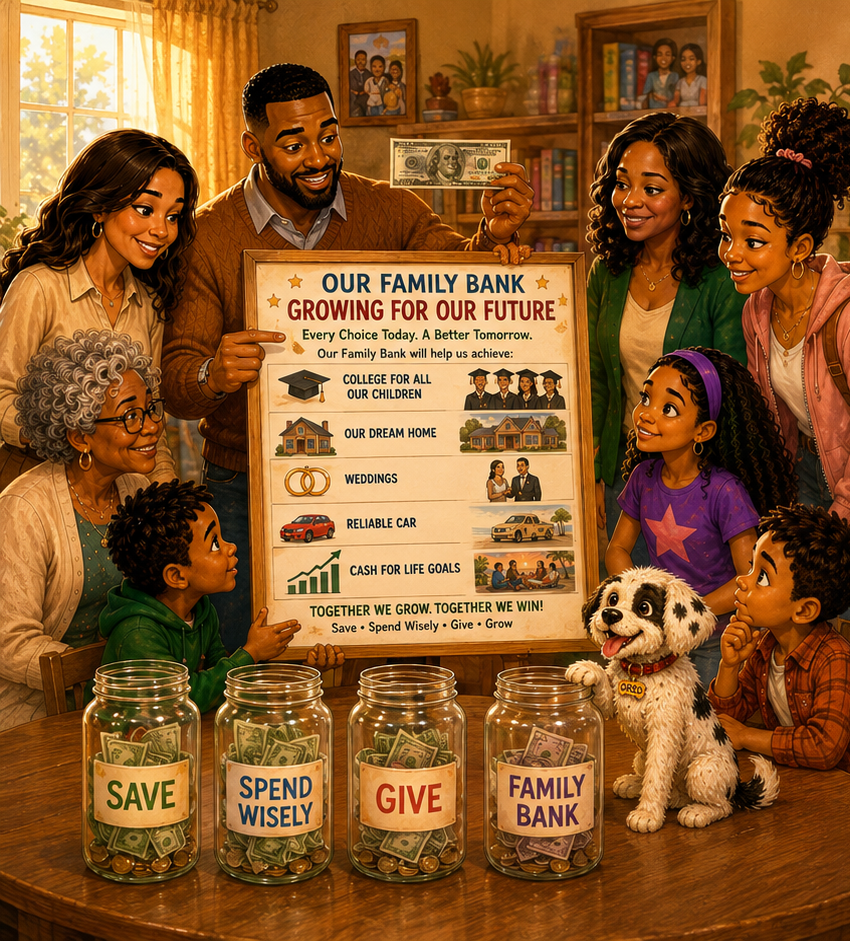 The Money Superpower family learning about their Family Bank