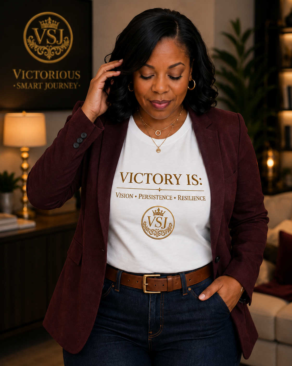 Intisar in a burgundy blazer wearing a Victory Is declaration shirt