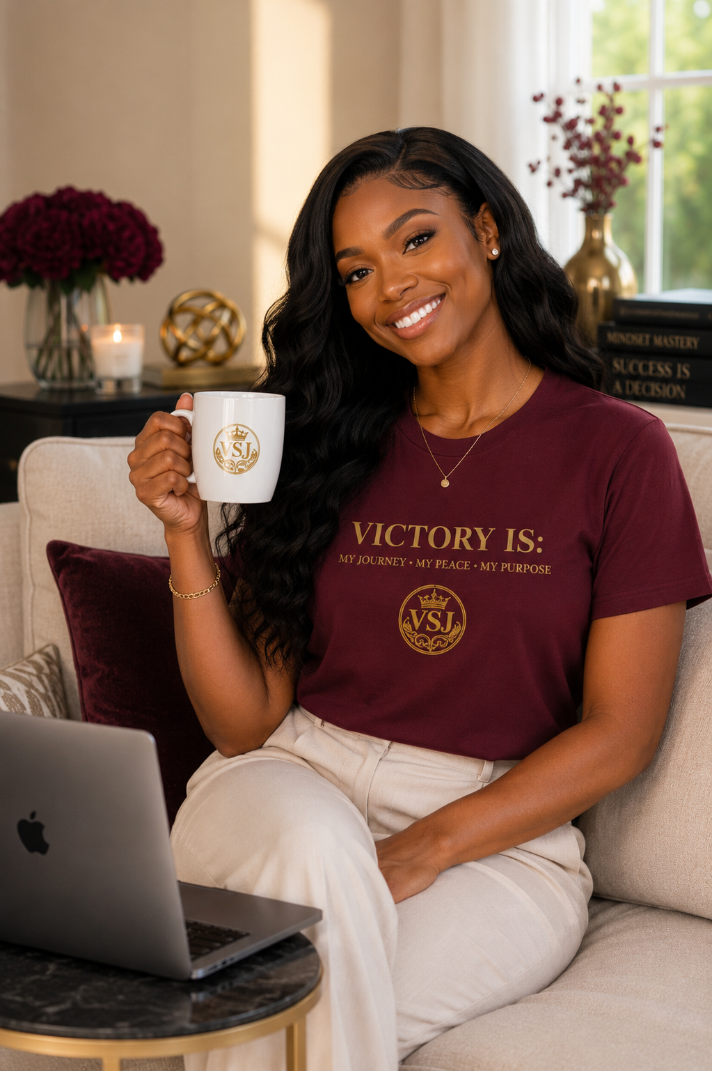 Young woman wearing the burgundy Victory Is signature declaration shirt while holding a VSJ mug